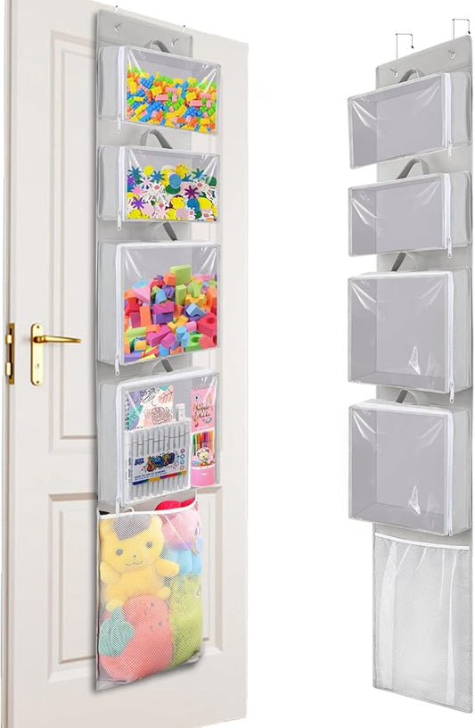 Hanging Toy Storage over Door, Block Stuffed Animal Organizer Idea with 4 Removable Case Bag, Bi-Fold Closet Holder with Mesh Pocket for Kid Boy Girl