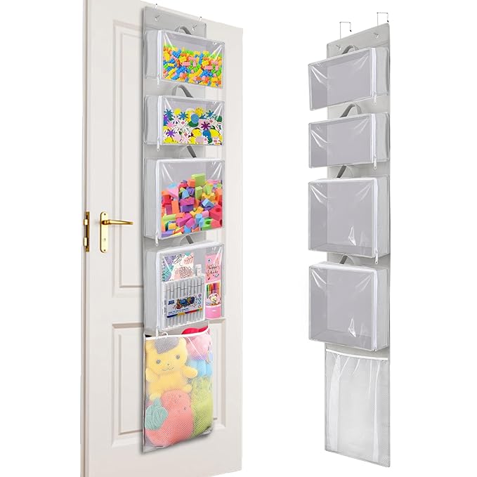 Over Door Organizer and Storage, Hanging Toy Holder with 4 Clear Removable Pouches, Toddler Room Wall Stuffed Animal Bag Case, Kids Playroom Closet Organization for Building Block, Puzzle