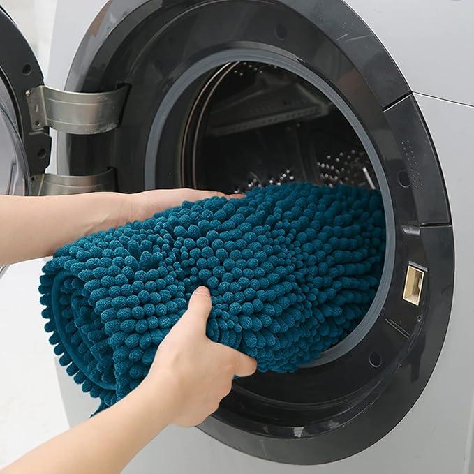ACCUMTEK Comfydew Striped Teal Blue Bathroom Rug Set 3 Pieces Ultra Soft, Non Slip Chenille Toilet Mat, Absorbent Plush Shaggy Bath Mats for Bathroom, Bedroom, Kitchen