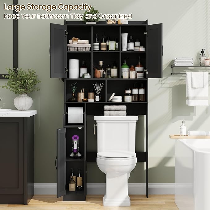 Over The Toilet Storage Cabinet, Bathroom Over Toilet Storage Organizer with Barn Doors & Paper Holder Stand, Farmhouse Space Saving Rack Cabinet with Adjustable Shelves for Bathroom, Laundry (Black)