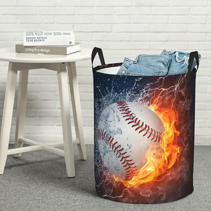 Sport Baseball Ball In Fire And Water Round Laundry Hamper Storage Basket Toys Clothes Organizer Bin For Home Bathroom Bedroom Dorm Nursery, 62l