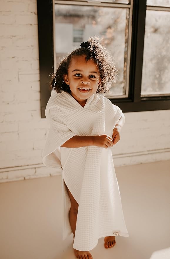 Jade&Kai Hooded Towel for Kids | Snaps into a Poncho | Organic Cotton Waffle | Lightweight and Absorbent | Bath, Beach, and Pool | Multiple Colors | (Large (6-10 Yrs), Lily White)