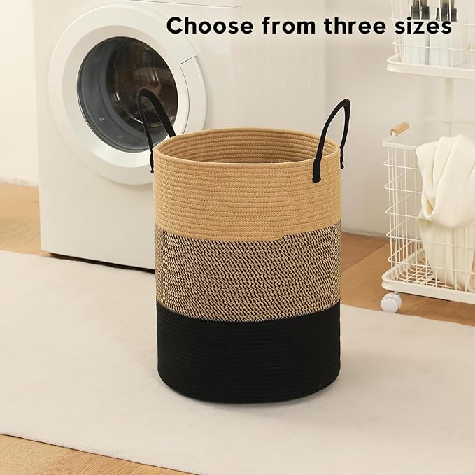 Woven Laundry Hamper Tall Rope Storage Basket for Blanket toys Dirty Clothes in Living Room Bathroom Bedroom (Jute Brown & Black, 100L/26.4Gal)