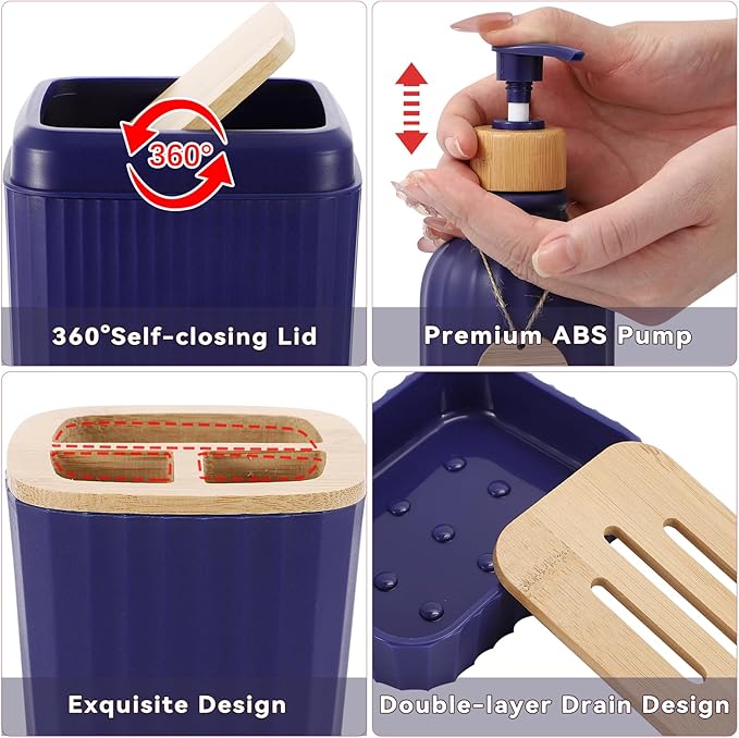 30PCS Navy Blue Bathroom Accessories Set with Waffle Shower Curtain,Trash Can,3PCS Lotion Soap Dispenser, Toothbrush Holder, Soap Dish,Tumbler Cup,6PCS Wood Tags Bath Accessories with Tray