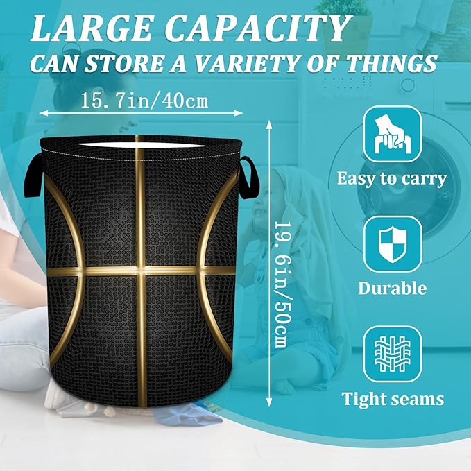 Black and Gold Basketball Laundry Basket, Foldable Waterproof Oxford Cloth Laundry Hamper Funny Tote Bag Dirty Clothes Storage Bucket Toy Organizer for Bathroom/Laundry/Bedroom 15.7"x19.6"