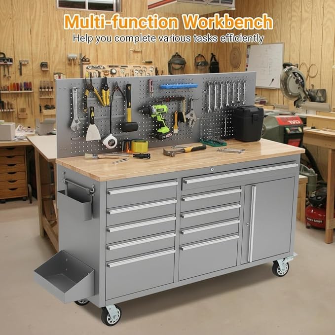 61" Rolling Tool Chest with 10 Drawers, Workbench Cabinet with Power Strip, Solid Rubber Wood Top, 1675 LBS Load, Mobile Heavy Duty Garage Storage, Locking Wheels