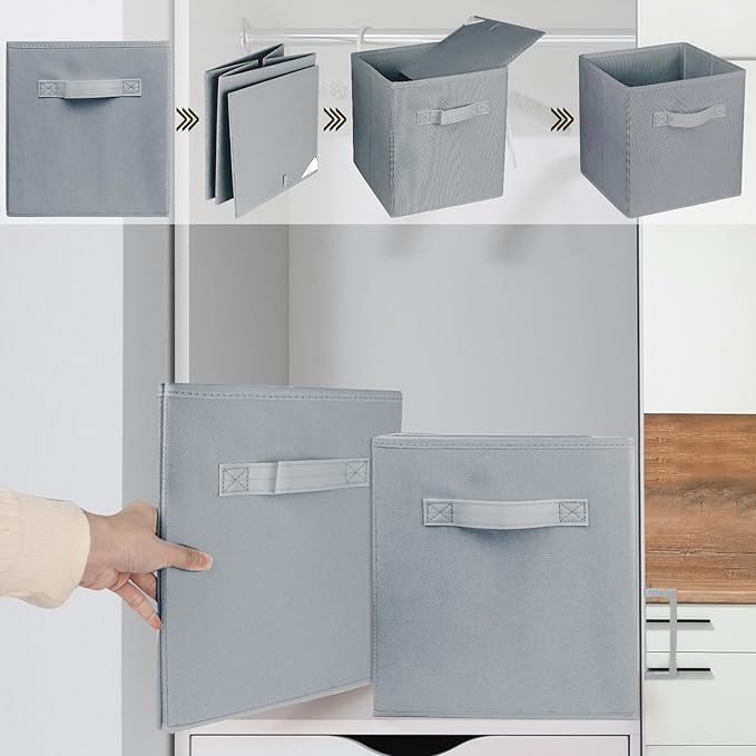 3 Pcs Storage Cubes, 10.5 Inch Collapsible Storage Bins, Fabric Foldable Bins for Organization, Durable Storage Bins for Closet, Shelves, Offices (Grey)