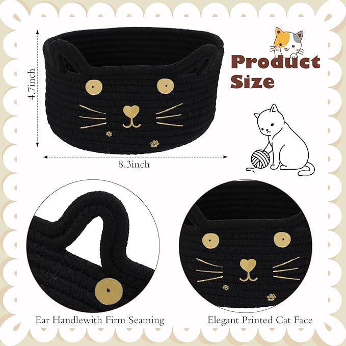 Zopeal Cat Basket Storage Woven Organizer with Ears Christmas Decorative Pet Toy Cute Cotton Rope Basket for Gift Cat Dog Toy Bin Nursery Room(8.3 x 4.7 Inch,Black)