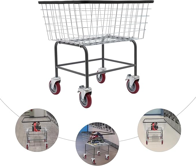 Laundry Cart,Steel Wire Laundry Cart,Laundry Basket With Wheels,Heavy Duty Commercial Wire Laundry Basket Cart for Laundry Clothes Storage 26.77x21.5x26in (B)