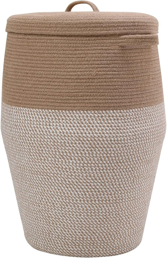 26" x 20" Handcrafted Tall Cotton Rope Basket with Lid, Stylish Flagon Shape with Cover, Clothes Hamper with Top, for Bedroom and Living Room, Jute/White Mix
