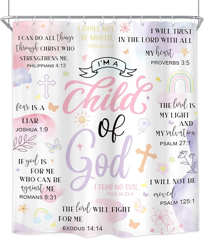 Homewelle Pink Purple Abstract Bible Verses Shower Curtain Scripture Christian Boho Mid Century Inspirational Quote 60Wx72H Inch Minimalist Geometric Plant Waterproof Polyester Fabric Bathroom Bathtub