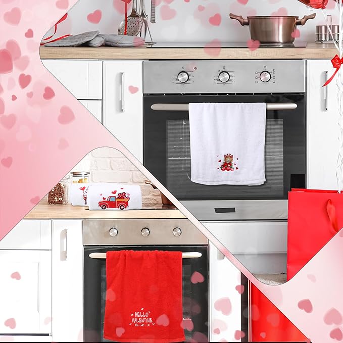 3 Pack Valentine's Day Bath Hand Towels Embroidered 100% Cotton 13.7 x 29.5 in Red Heart Love Bathroom Kitchen Decorations