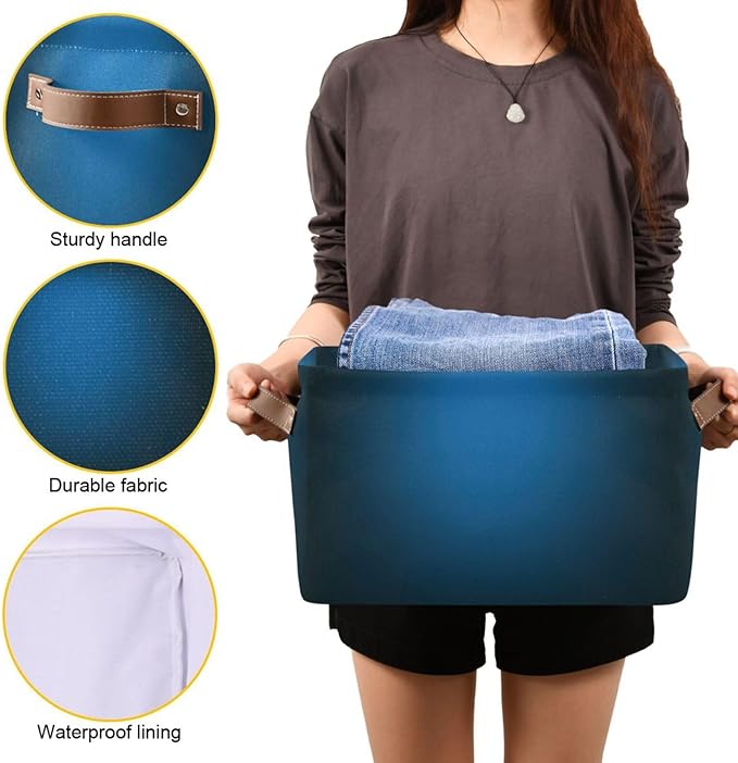 YETTASBIN Blue Solid Color Storage Basket 1pc, Large Collapsible Toys Clothes Organizer, Durable Canvas Storage Bin with Handle for Shelves Closet Laundry Home Office Decor