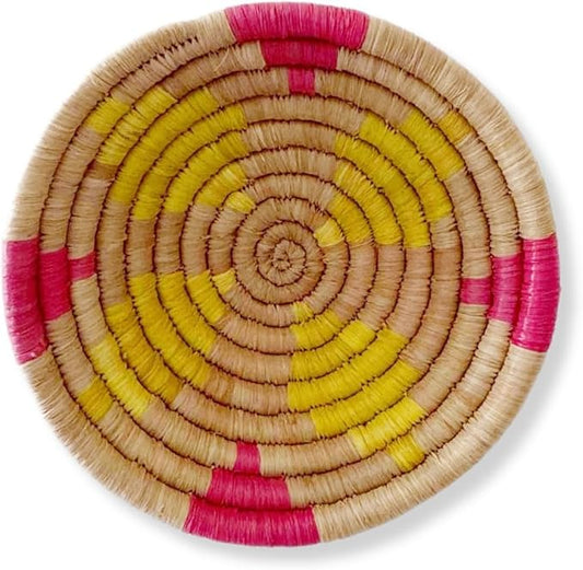 Mini African Basket- Abaye/Rwanda Basket/Raffia & Sweetgrass Woven Basket/Pink, Yellow