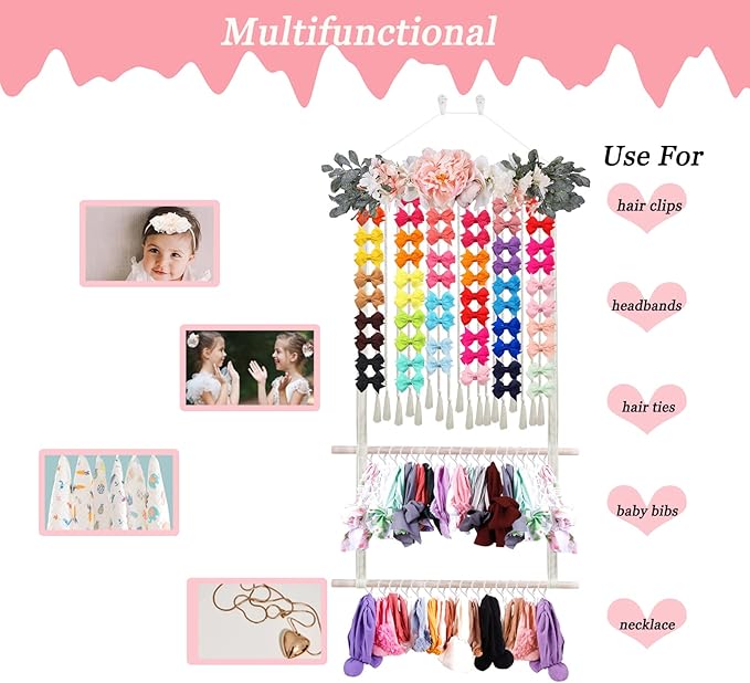 Headband Holder for Girls Hair Bows, Large Capacity Baby Headbands Organizer Storage Hair Clips Hanger Storage Flower Crown Bow Holder Wall Door Hanging Decor for Nursery Room