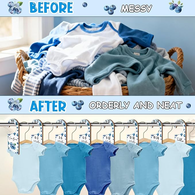 Baby Closet Dividers 8PCS, Blueberry Themed Wooden Double-Sided Clothes Size Hanger/Organizer from Newborn to Toddler for Nursery Decor Baby Shower Birthday Gender Reveal Party Gift
