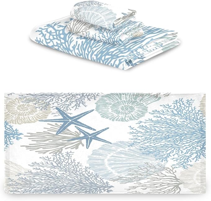 3 Piece Nautical Blue Grey Bath Towels Set,Microfiber Absorbent Beach Theme Starfish Coral Ocean Coastal Towels for Bathroom,1 Bath Towel,1 Hand Towel,1 Washcloth,Decorative Bathroom Towels