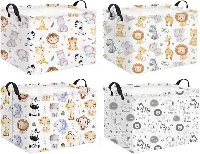 HIYAGON Rectangular Animal Basket Baby Kids Storage Basket for Boys Animal Room Decor Cute Toy Storage Organizer Bins Bedroom(4 Animals Pattern)