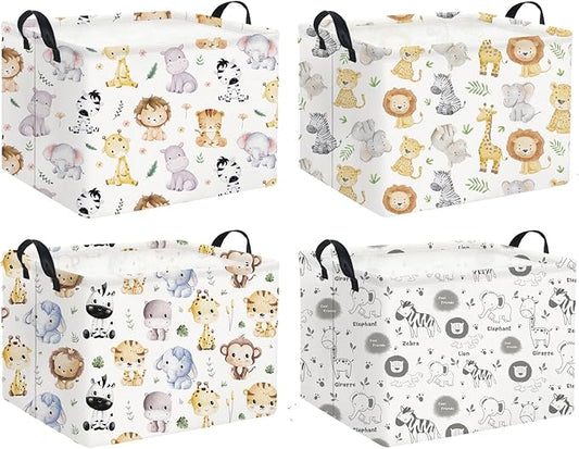 HIYAGON Rectangular Animal Basket Baby Kids Storage Basket for Boys Animal Room Decor Cute Toy Storage Organizer Bins Bedroom(4 Animals Pattern)