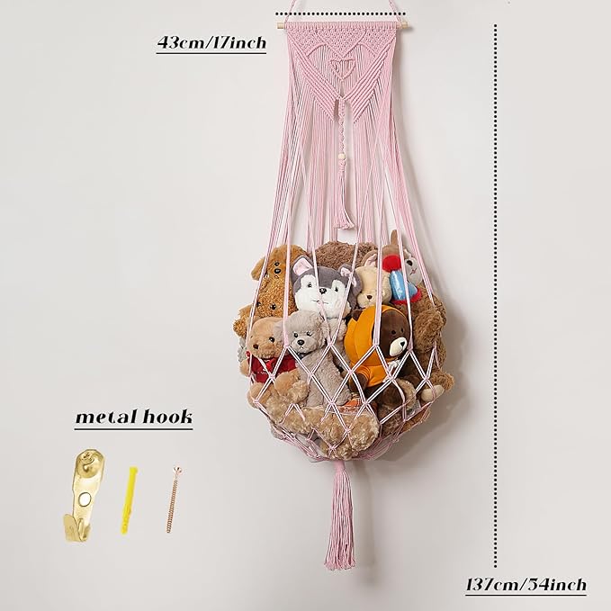 Stuffed Animal Net or Hammock Corner or Wall Hanging Net for Plush Toy Storage Boho Macrame Toy Display Nursery Bedroom Decor Stuffy Animal Toy Organizer (Pink)