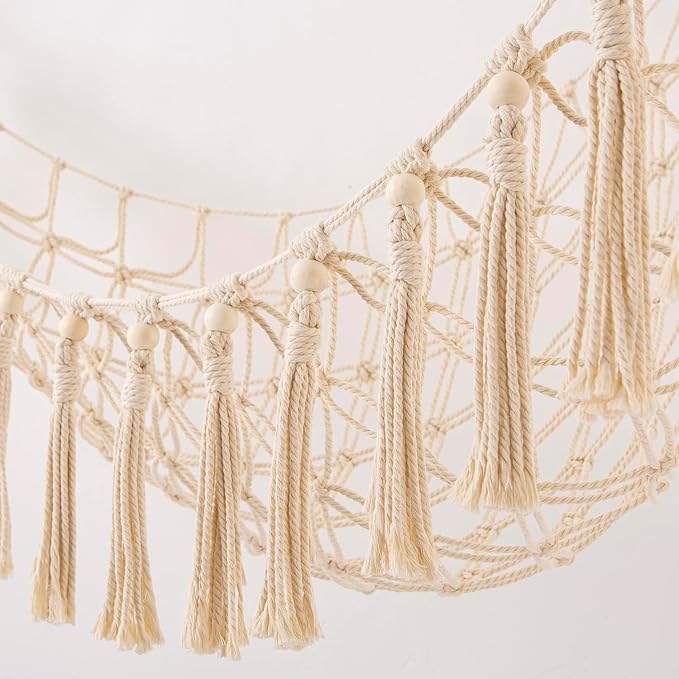 Stuffed Animals Hammock Corner Hanging Net with Wooden Beads Macrame Stuffed Animal Storage Ideas Plush Holder Toy Organizer for Boho Nursery Playroom Bedroom Kids Room Decor (cream, X-Large)