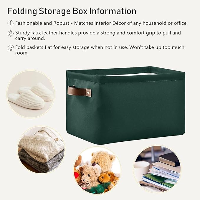 YETTASBIN Hunter Green Solid Color Storage Basket 2pc, Large Collapsible Toys Clothes Organizer, Durable Canvas Storage Bin with Handle for Shelves Closet Laundry Home Office Decor