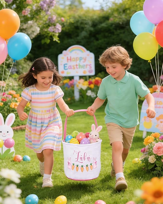 Personalized Embroidered Easter Basket for Kids - Custom Name Carrot Bunny Basket Bags, Perfect for Easter Egg Hunt, Gifts & Party Favors for Boys & Girls