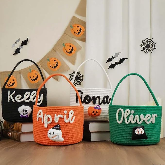 Personalized Halloween Candy Bucket, Custom Baby Name Trick or Treat Baskets Customized Monogrammed Cotton Tote Basket Toys Storage Basket Gifts for Boys Girls Halloween