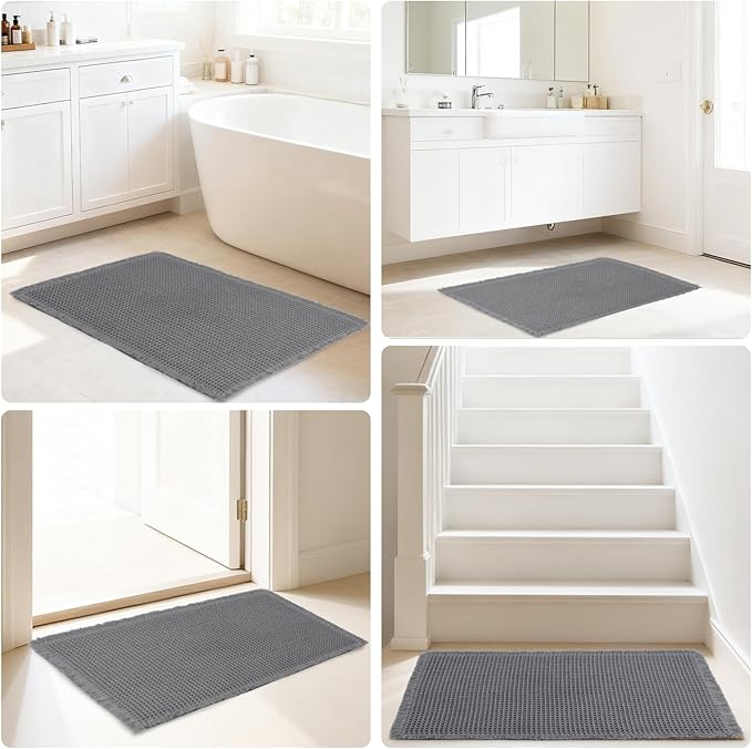 Hiasan Waffle Bath Mat, Super Absorbent Non Slip Bathroom Boho Rug with Tassels, Machine Washable Bath Mats for Bathroom, Ultra Soft Rubber Backed Rug, Dark Grey, 16 x 24 Inches