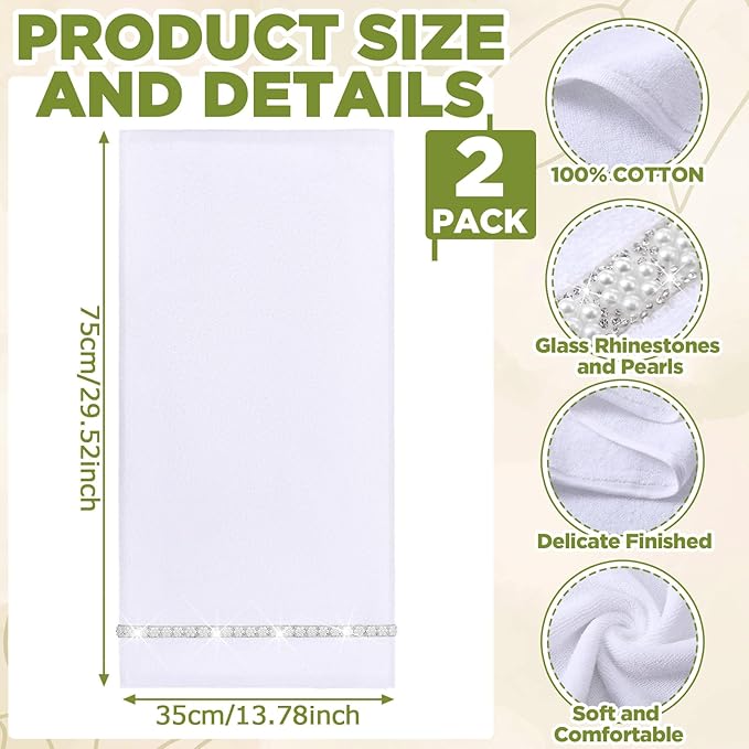 2 Pcs White Sparkling Hand Towels with Pearl for Bathroom 100% Cotton Glitter Soft Elegant Hand Bath Towels Absorbent Machine Washable for Spa Yoga Hotel Sport, 29.5" x 13.8"