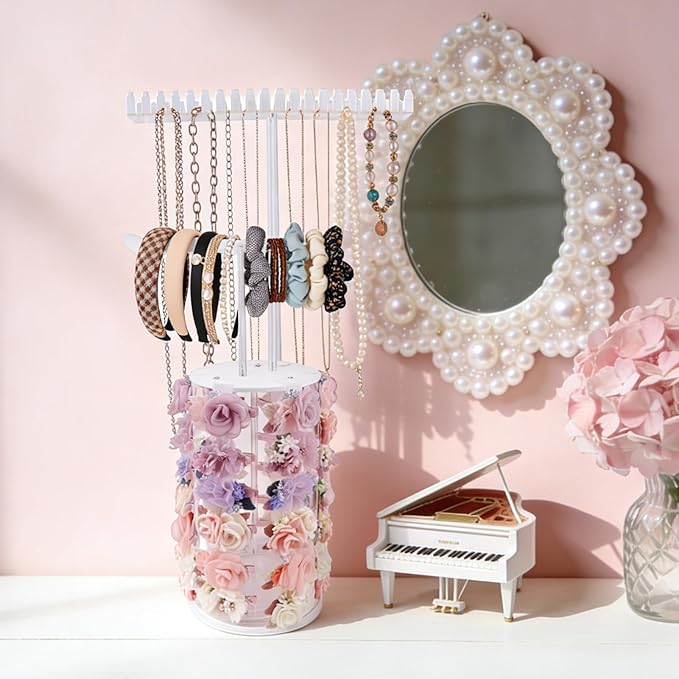 cherrboll Rotating Hair Bows Holder Stand, Headbands Organizer Scrunchies Claw Clips Rack Display Necklace Bracelet Hanger, Hair Accessories Storage Nursery Room Decor for Baby Toddler Girls