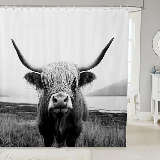 Highland Cow Shower Curtain Farmhouse Animal Milk Bath Curtain Funny Cute Cow Bathtub Shower Curtain Wildlife Shower Stall Curtain with Hooks Gray White Bathroom Sets Accessories 72" W x 72" L