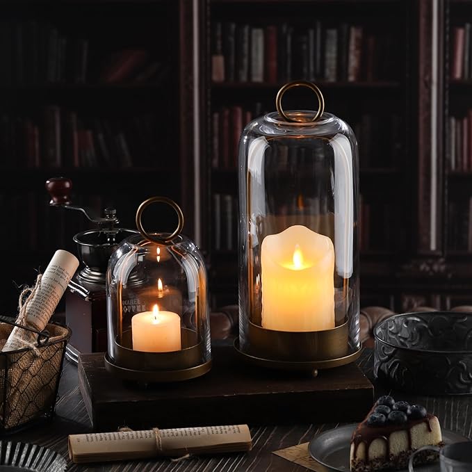 5" & 4" Wide Versatile Metal Candle Holder in Antique Brass with Handmade Thick, Heavy & Sturdy Glass Dome for Pillar Candle, Industrial, Modern, Shelf, Mantel, Veranda, Porch (Brass)
