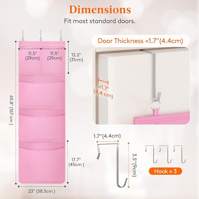 Lifewit Stuffed Animal Storage, Over the Door Organizer with 5 Expandable Mesh Pockets, Breathable Oxford Fabric Hanging Kid Baby Plush Toy Holder for Nursery, 167 cm (65.8'') High, Pink, 1 Pack