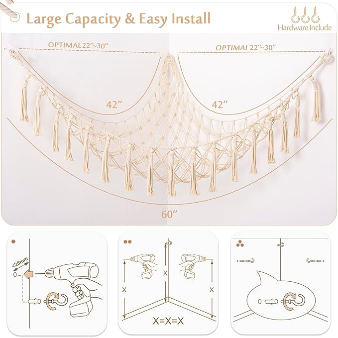 Stuffed Animals Hammock Corner Hanging Net with Wooden Beads Macrame Stuffed Animal Storage Ideas Plush Holder Toy Organizer for Boho Nursery Playroom Bedroom Kids Room Decor (cream, X-Large)