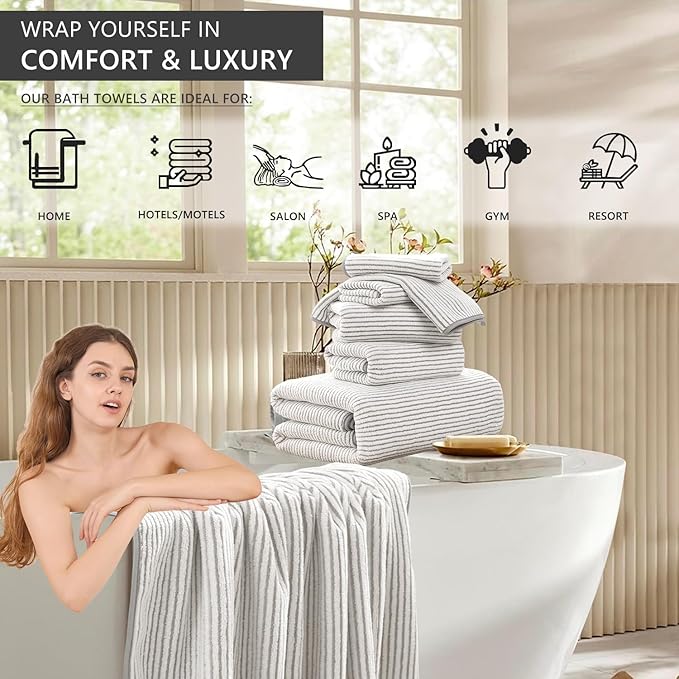 8-Piece Premium Towel Set for Bathroom|2 Oversized Large Bath Sheet,2 Hand Towels,4 Washcloths|Soft Cozy Highly Absorbent Fast Dry Microfiber Shower Towel Set for Hotel Bathroom Essentials,Beige White