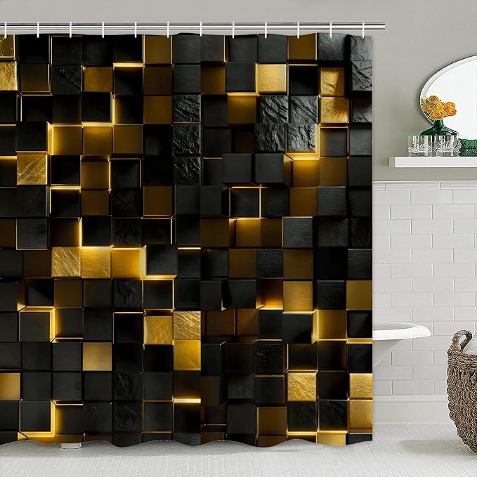 4Pcs Black and Gold Shower Curtain Set 3D Cubes Bathroom Sets Modern Shower Curtain Set for Bathroom Sets with Rugs and 12 Hooks