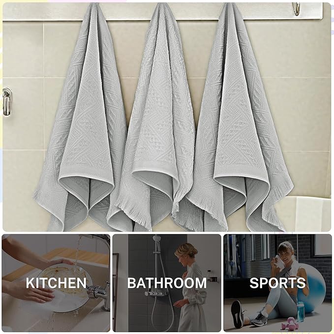 4-Pack Cotton Bathroom Hand Towels – Boho Hand Towel Set with Jacquard Weave & Fringe, 13"x29.1" Absorbent Soft Face Set for Kitchen/Bathroom(Beige/Brown) (LightGray)