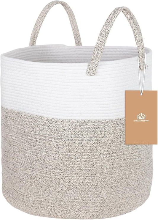 ShellKingdom Laundry Basket, Large Natural Rope Woven Storage Basket with Handles for Home, Living Room, Laundry, Storage Organizer for Blankets, Clothes, Toys, 19.7 x 14.96 INCH (2-Toned White Khaki)