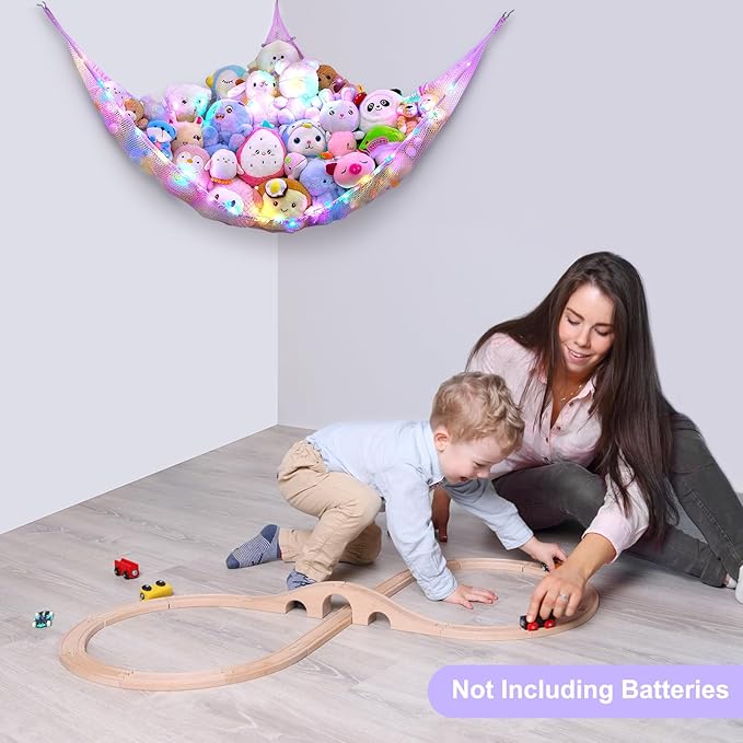 Unicorn Castle Stuffed Animals Net or Hammock Kids Toy Storage Organizer with LED Light Hanging Corner Stuffed Animals Holder Kids Girls Room Decor,Pink-Purple-Yellow,Large (Pack of 1)