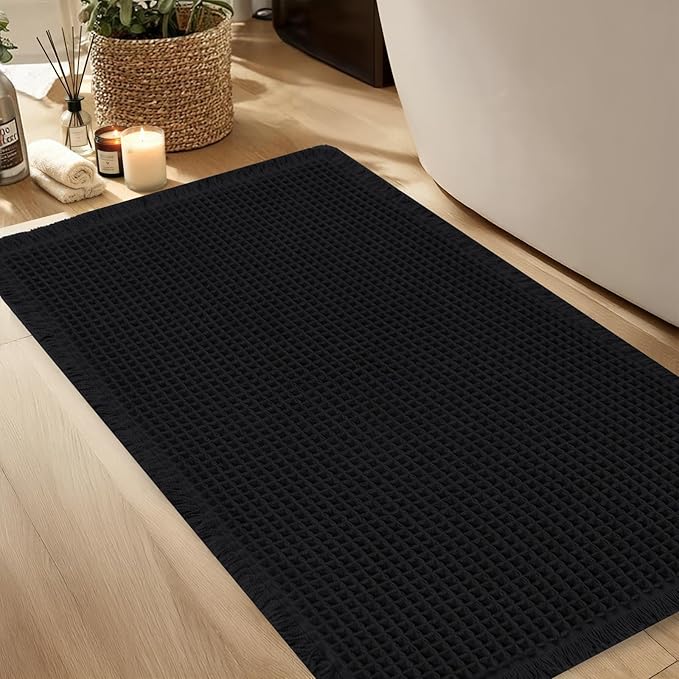 Hiasan Waffle Bath Mat, Super Absorbent Non Slip Bathroom Boho Rug with Tassels, Machine Washable Bath Mats for Bathroom, Ultra Soft Rubber Backed Rug, Black, 16 x 24 Inches