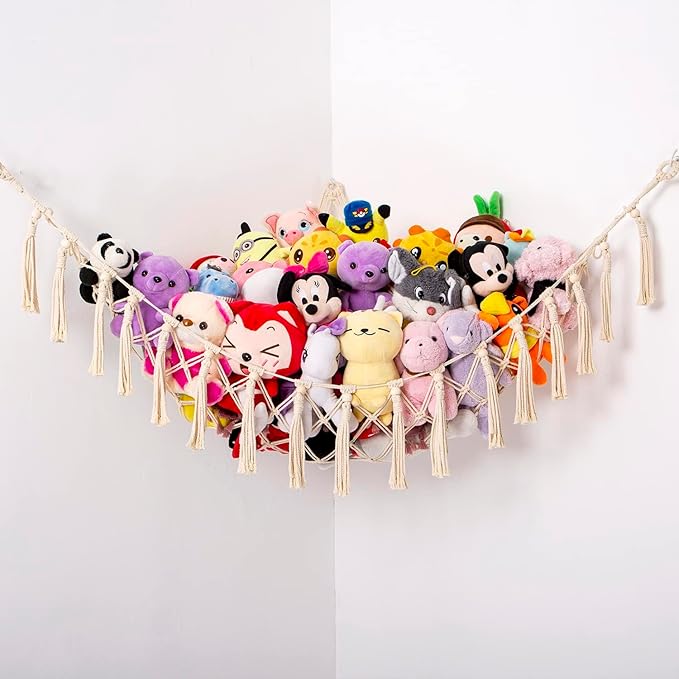 Stuffed Animals Hammock Corner Hanging Net with Wooden Beads Macrame Stuffed Animal Storage Ideas Plush Holder Toy Organizer for Boho Nursery Playroom Bedroom Kids Room Decor (cream, X-Large)