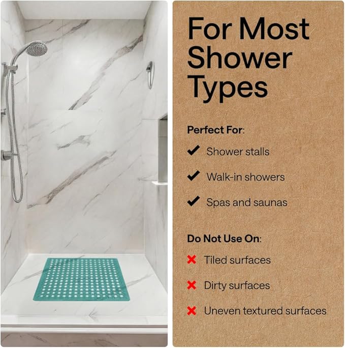 GORILLA GRIP Patented Square Shower Stall Mat, Small Bathtub Floor Mats for Stand Up Showers, Suction Cups and Drain Holes, Machine Wash, Soft on Feet, Bathroom Accessories 21x21 Inch Turquoise Opaque