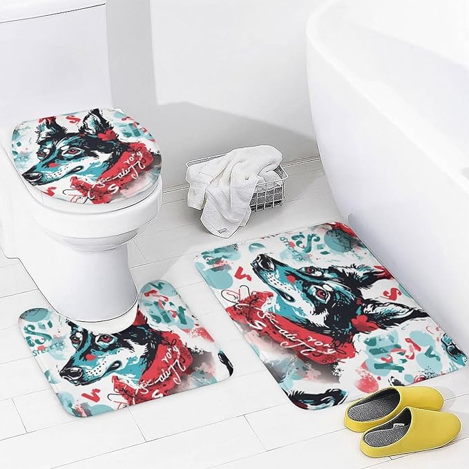 4 Piece Bathroom Rug Set with Shower Curtain Dog Pet Graphic Bathroom Shower Curtain Set with Rugs Dog Lovers Gift Bathroom Shower Curtains Sets for Bathtub Decor 72inch X 72inch