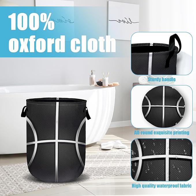 Cool Basketball Laundry Basket, Sport Ball Laundry Hamper Collapsible Oxford Cloth with Handle Clothes Toy Storage Bin for Bathroom Laundry Room Bedroom 15.7 X 20 Inch