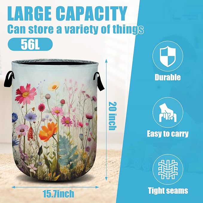 Colourful Blooming Wildflower Laundry Basket, Laundry Hamper Collapsible Oxford Cloth with Handle Clothes Toy Storage Bin for Bathroom Laundry Room Bedroom 15.7 X 20 Inch