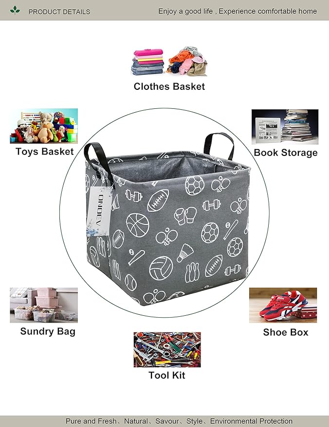 Square Folding Laundry Basket, waterproof Canvas Basket,gift basket,Suitable for children's room,Office,Clothes,Toys Storage(Grey Sports Ball)