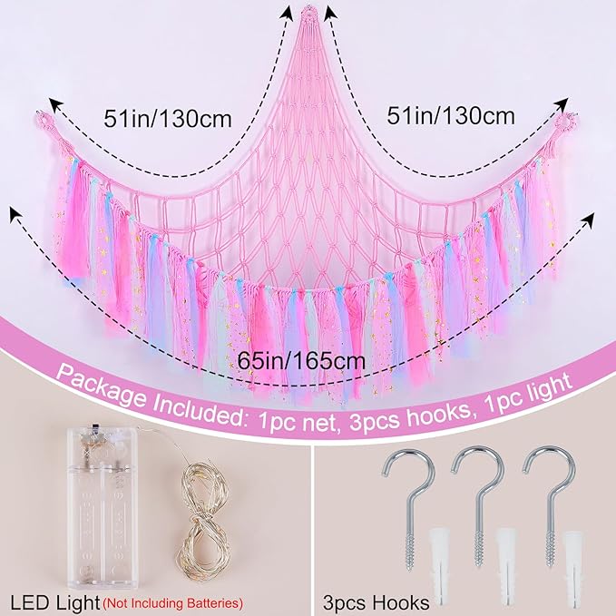 FIOBEE Stuffed Animals Net or Hammock with LED Light, Toy Hammock Hanging Stuffed Animals Storage Organizer Holder Room Décor for Nursery Kids Bedroom