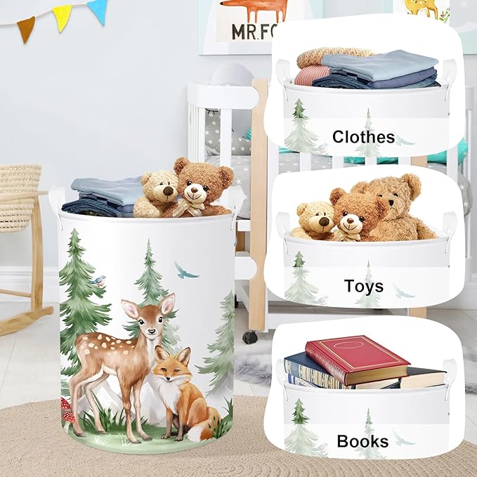 Forest Animals Baby Laundry Hamper Collapsible Clothes Kids Storage Basket Bear Fox Large Boys Girls Gift Toy Box Bin for Nursery, Deer, 63L