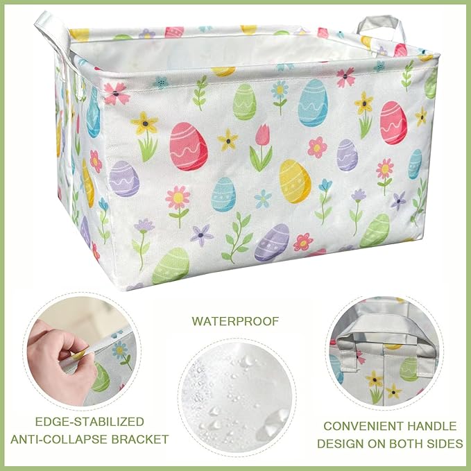Easter Storage Basket, Egg Pattern Basket for Gifts Cute Foldable Waterproof Lining Collapsible Organizer with Handles for Home Closets Shelf Offices,Bedrooms,Dorm Toy Storage